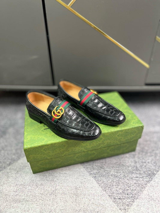 Gucci GG Web Stripes Loafer In Crocodile Black